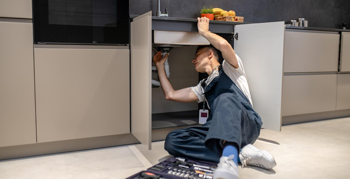 Iron Wrench plumber clearing a clogged kitchen sink drain under the cabinet