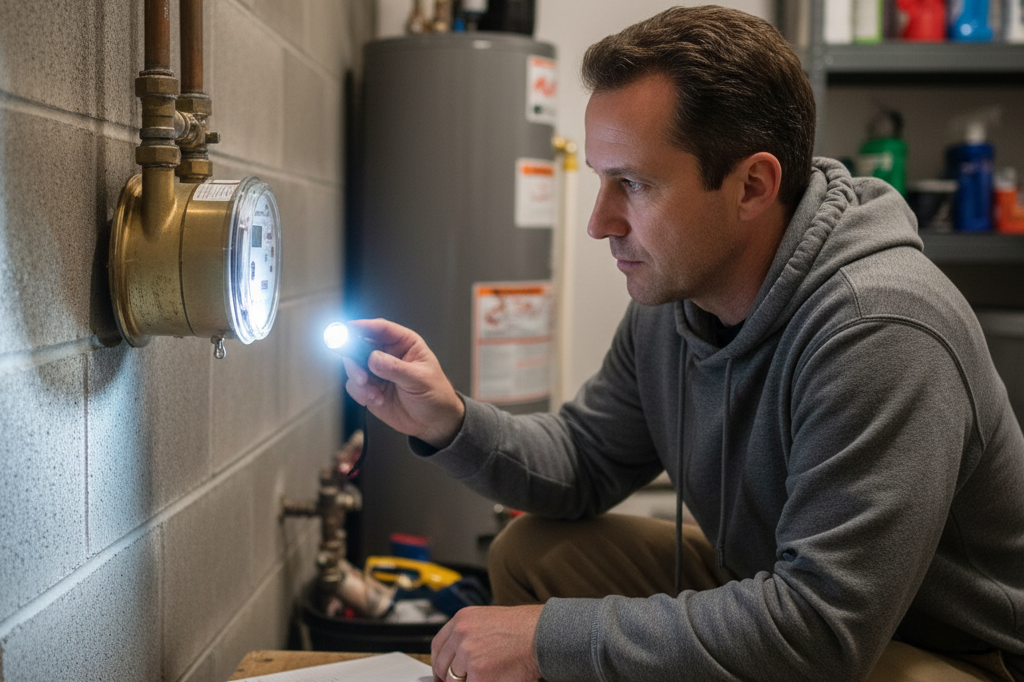 omeowner performing a DIY plumbing leak detection test by checking the water meter indoors.