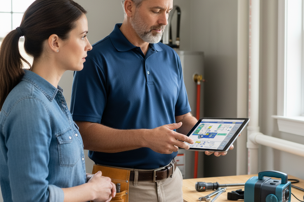 Homeowner consulting a professional plumber about plumbing leak detection and repair methods during an inspection.